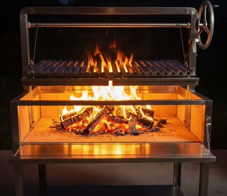 Hardwood logs burning down to embers in the parrilla's open firebrick hearth